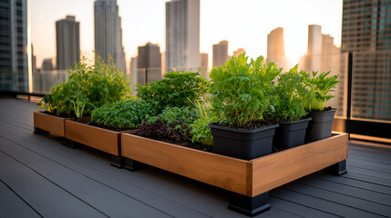 Fototapeta premium A modern urban rooftop garden with a variety of plants, including vegetables, herbs, and flowers in recycled containers. 