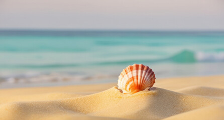 Obraz premium A vibrant seashell scallop is nestled in soft sand, reflecting warm colors as the sun sets. Ocean waves softly lap at the shore, enhancing the peaceful beach atmosphere. Maritime blurred background