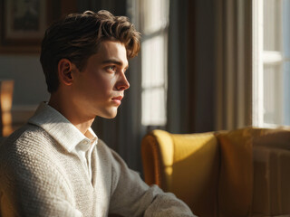 Fototapeta premium A photorealistic portrait of a young man looking pensively out a window, with sunlight filtering through, creating a contemplative and serene atmosphere. Generative AI