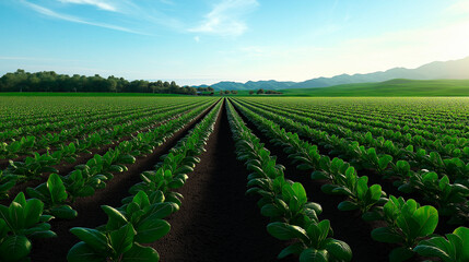 Fototapeta premium A rural farm with rows of green vegetables growing under clear skies. 