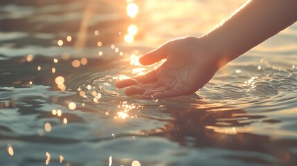 Hand touching river water at sunset, horizontal, suitable for wellness retreats, spiritual journeys, meditation programs and nature connection experiences