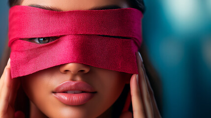 woman with red blindfold.