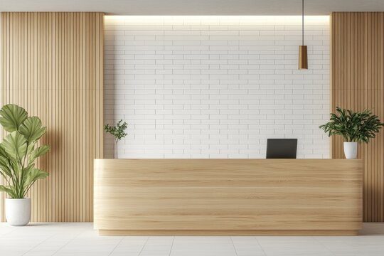Fototapeta Modern minimalist reception desk in light wood with white brick wall.