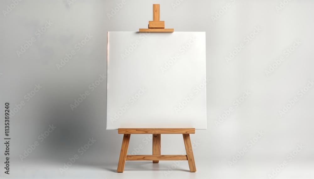 Poster Blank canvas on wooden easel against white background. Ideal for art workshops content. Empty space for design projects creativity demonstrations. Simple studio setup for product photography art