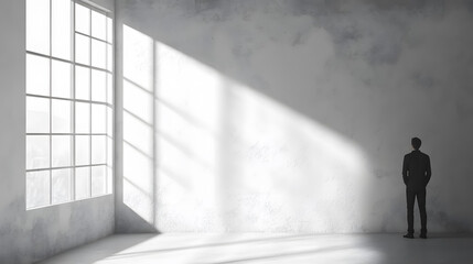 Fototapeta premium A blank interior space with a window and a man.