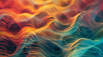 Obraz premium Abstract Waveform: Vibrant, flowing lines of teal, orange, and red create a mesmerizing, abstract waveform pattern. The dynamic interplay of colors and textures evokes a sense of movement and energy.