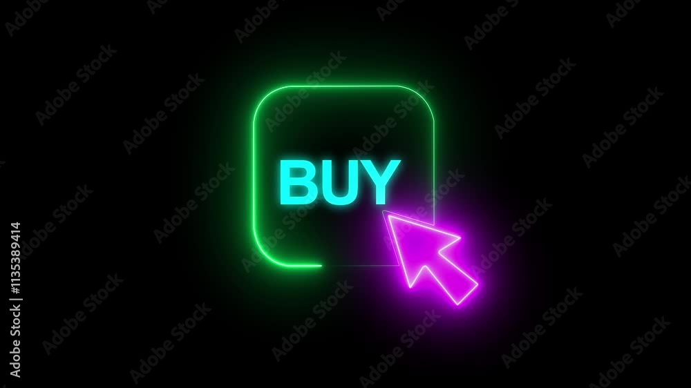 Aufkleber neon buy button icon video hd - glowing buy symbol with click cursor on black background representin