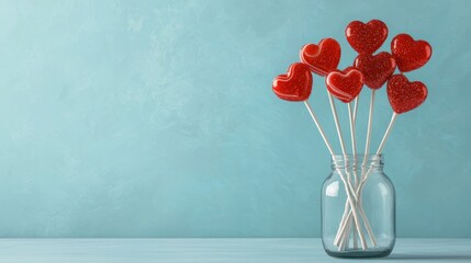 Lollipop centerpiece: A festive Valentine centerpiece featuring a vase filled with glittery red lollipops and decorative hearts