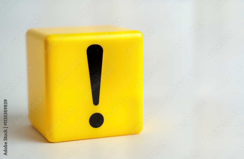 Poster Bright yellow cube with black exclamation mark symbol. Simple design conveys urgency. Isolated on white background. Suitable for warning signs, alert messages, web design elements. Cube form suggests
