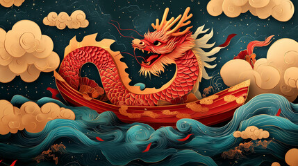 Obraz premium Traditional red Chinese dragon boat sailing through stylized waves with clouds and glowing details, representing cultural art for Lunar New Year