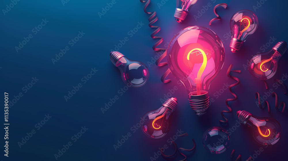 Poster illuminating inquiry: a central glowing lightbulb with a question mark illuminates the scene, surrou