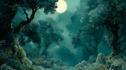 Moonlight Illuminates a Serene Teal Forest Path