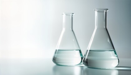 Two Erlenmeyer flasks filled with clear liquid sit on white surface. Minimalist laboratory scene. Clear glassware, liquid create simple science still life. Light, shadow enhance transparent glass.