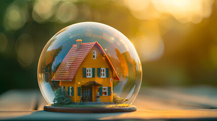 Dream Home Under Glass:  A miniature yellow house with red roof, nestled within a clear glass sphere, captures a warm and comforting feeling.  A golden glow shines through the glass.