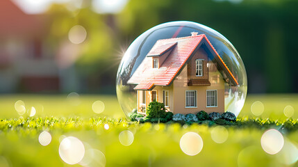 House Protection: A miniature house sits safely inside a crystal sphere on a vibrant green lawn, symbolizing home security and protection.
