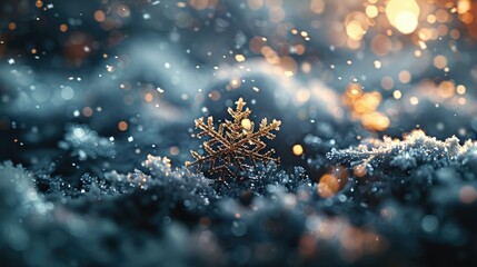 A delicate snowflake rests on a blanket of snow, illuminated by soft, warm lights.