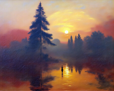 Serene Forest Landscape with Sunrise Reflections in a Tranquil R