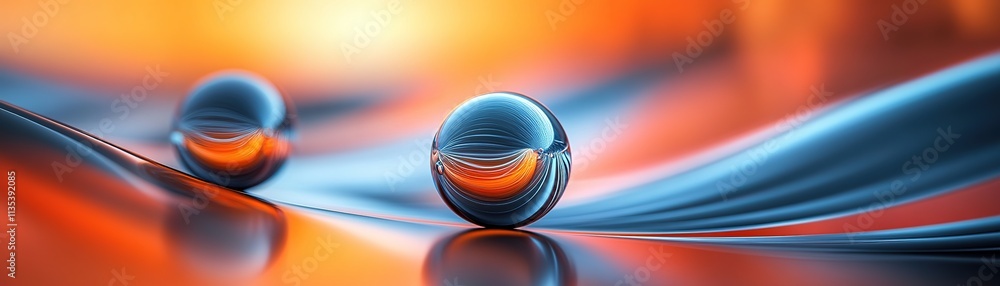 Poster dynamic reflections of spheres on colorful waves abstract art digital environment close-up viewpoint