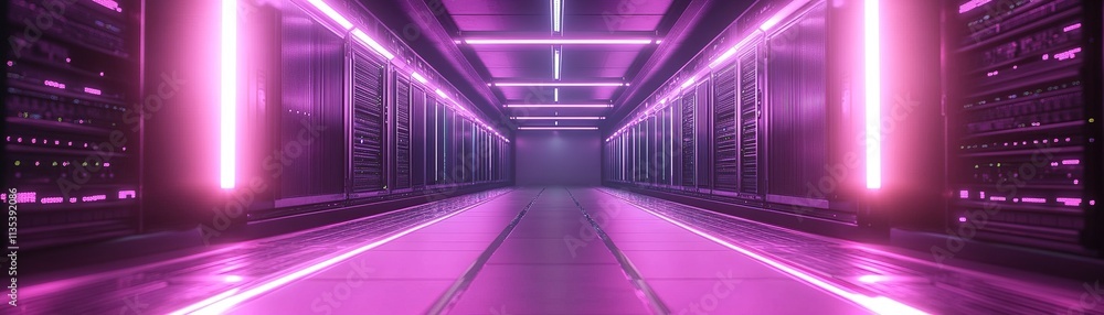 Poster futuristic server room setup datacenter technology visualization neon lighting perspective view digi