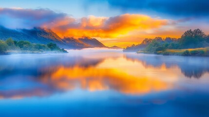 Fototapeta premium Sunset Reflection Over Calm Lake Nature Scene Landscape Photography Tranquil Environment Aesthetic Viewpoint