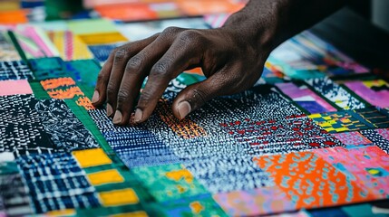 Naklejka premium Close-up of a hand selecting colorful fabric swatches.