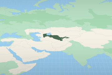 Uzbekistan highlighted on a detailed map, geographic location of Uzbekistan.