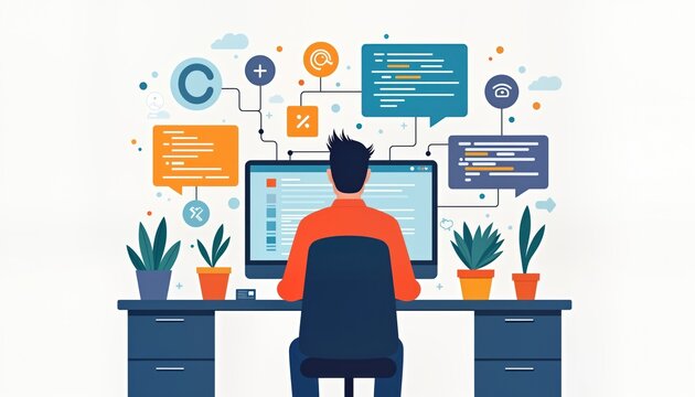 Man sits at computer focused on digital workflow automation. Modern office tech concept illustrated. Business process displayed through connected visuals. Connected diagrams depict workflow, system