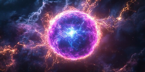 Electric plasma ball purple and blue energy rays dark background swirling static energy and quantum physics