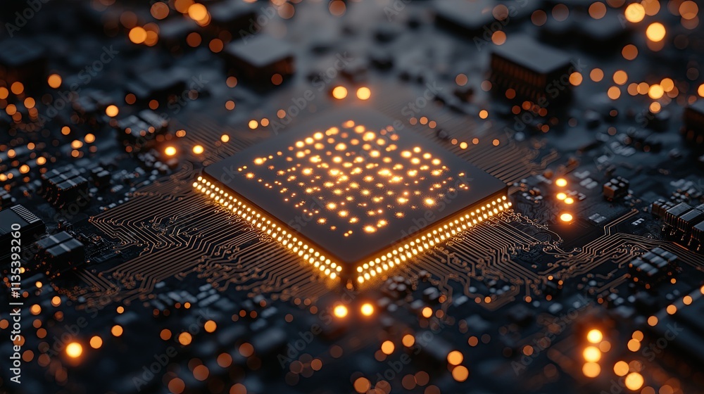 Poster interconnected microchip with glowing circuits illuminated