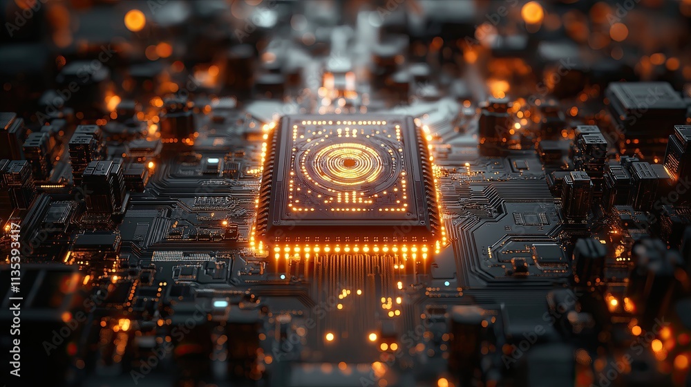 Poster cutting-edge microprocessor circuit board with glowing leds