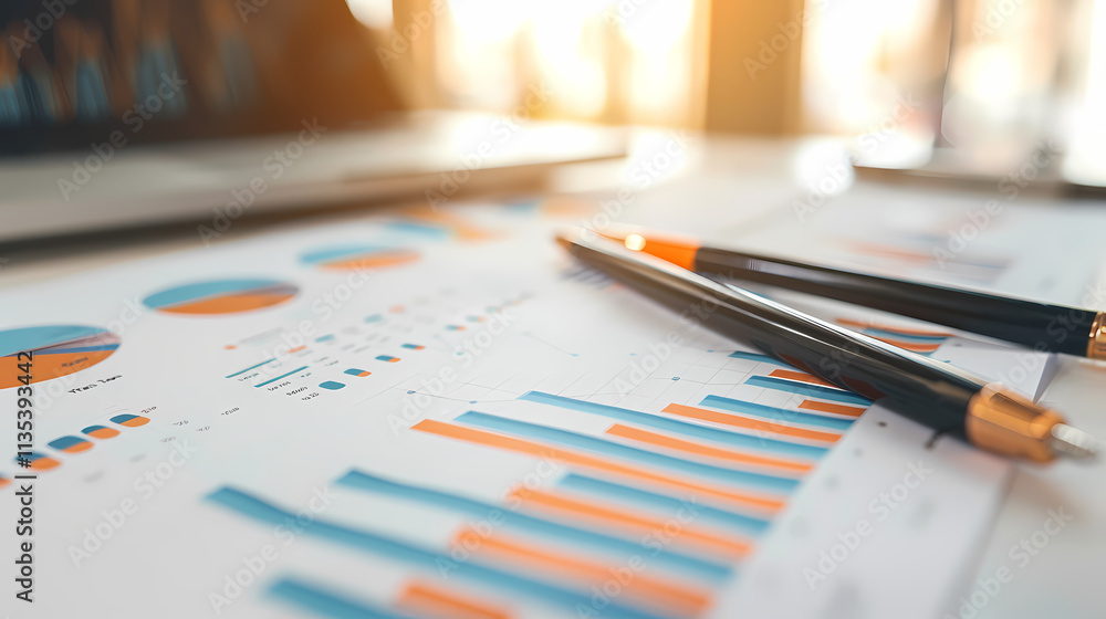 Poster business data analysis: close-up of a financial report, featuring bar and pie charts with two pens r