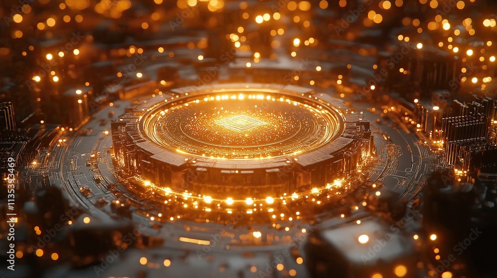 Poster digital golden circuitry with sparkling particles