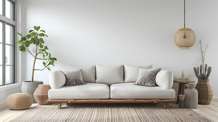 Minimalist Living Room:  A clean, serene space furnished with a simple white sofa and natural elements. The warm light filters in through a large window.