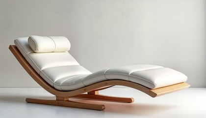 Modern white leather chaise lounge with wooden frame. Relaxing design for home decor. Ideal for a minimalist interior. Comfortable lounger perfect for relaxation or reading. Modern style.