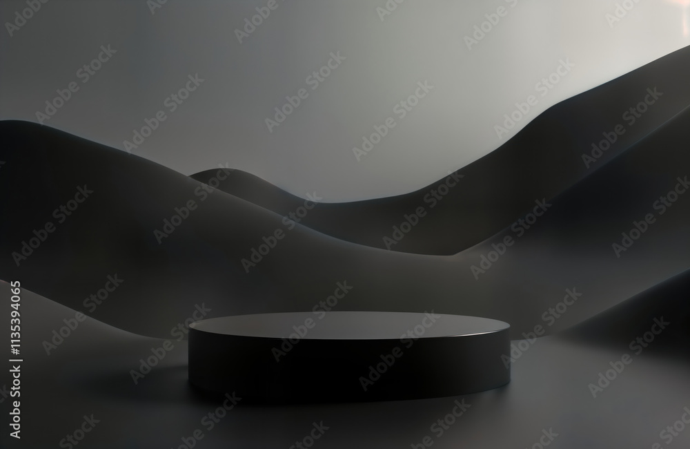 Poster dark empty podium in minimalist abstract black desert landscape. modern design showcase for product 