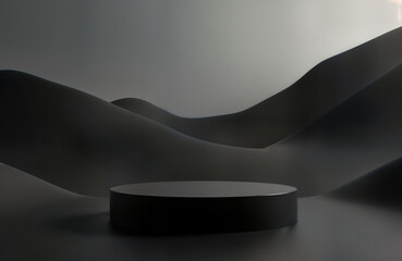 Dark empty podium in minimalist abstract black desert landscape. Modern design showcase for product...