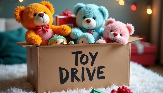 Toy drive box with teddy bears and gifts in festive atmosphere. Giving. Kindness. Holiday spirit.gift drive, charity event, marketing, seasonal, giving season, nonprofit, Christmas gift, holiday chari
