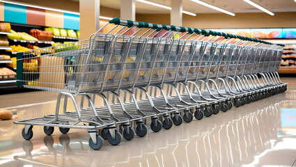 Large number of empty steel shopping carts or trolleys in a row or line parked in a big grocery store.