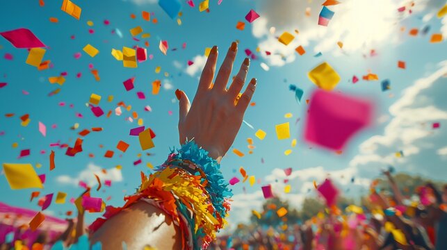 Hand reaching for colorful confetti falling from a sunny sky at a vibrant festival.
