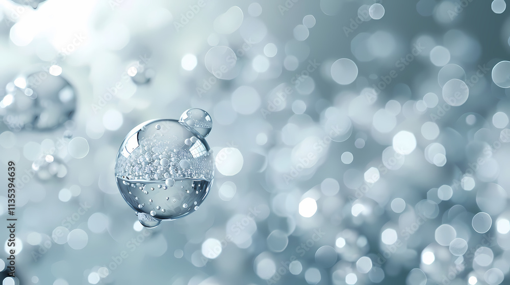 Poster liquid bubbles: close-up shot of glistening, translucent bubbles floating in a liquid, creating an e