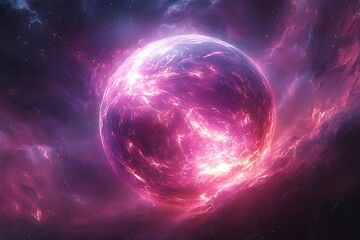 Fototapeta premium Electric plasma orb glowing purple and pink light rays swirling in dark space quantum energy experiment