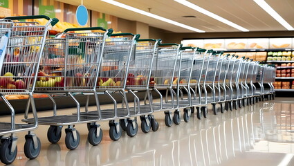 Large number of empty steel shopping carts or trolleys in a row or line parked in a big grocery store.