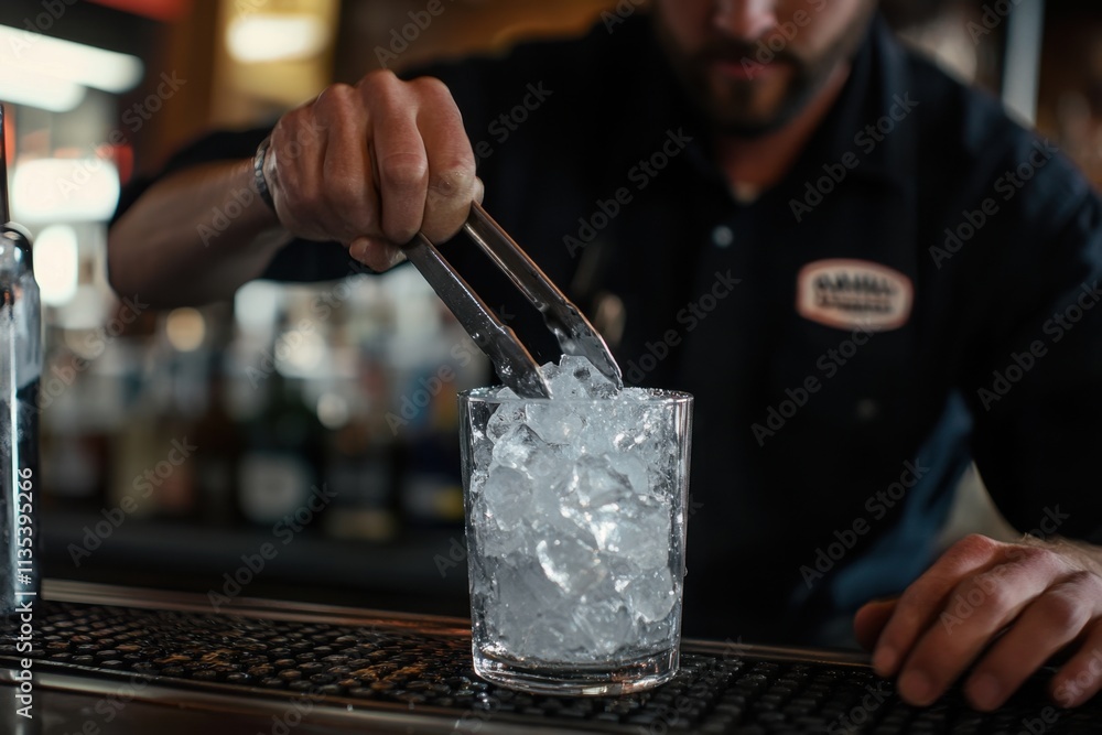 Poster bartender adding ice into shaker using tongs at bar