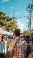 Lively Japanese Street Food Festival Man Enjoys Festive Fireworks and Cultural Delights.