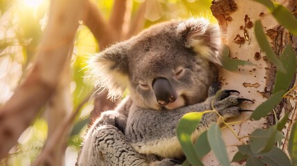 Fototapeta premium Adorable Koala Sleeping Peacefully in Eucalyptus Tree