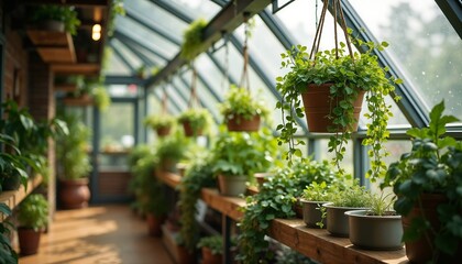 Greenhouse with lush plants, wooden shelves, and hanging planters.Sustainability. Growth. Nature. Connection with the environment and natural beauty.home decor, sustainable living, gardening, environm