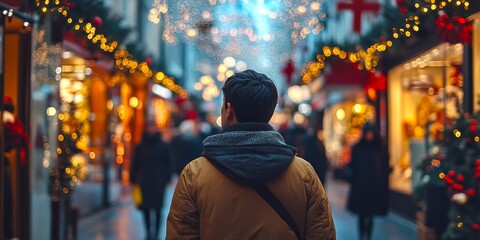 Obraz premium A person strolls through a festive market adorned with colorful lights and holiday decorations. The atmosphere is vibrant and joyful, capturing the essence of the holiday spirit. AI