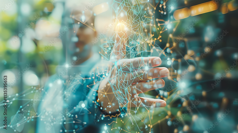 Poster digital interaction: a person's hand reaches out to interact with a vibrant, glowing network of inte