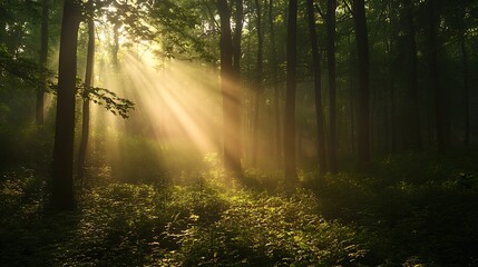Fototapeta premium Sunlight beams through a misty forest. Concept of serenity, nature, and tranquility.