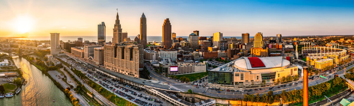 Panoramic view of Cleveland, Ohio skyline at sunset. Cleveland is a major city in the U.S. state of Ohio and the county seat of Cuyahoga County.